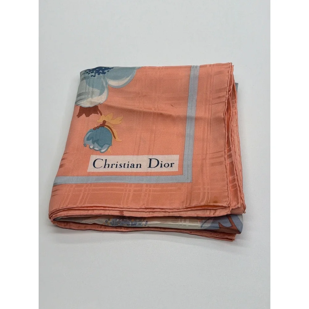 Christian Dior Vintage Silk Scarf Coral Pink Blue Floral Plaid‎ Jacquard 30x30